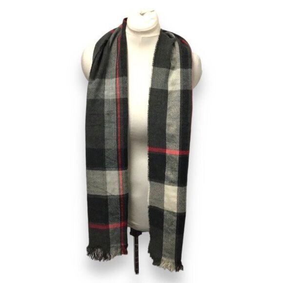 Goodfellow & Co. Mens Raw Edge Plaid Scarf with Fringe, Gray, OSFA - Picture 3 of 6